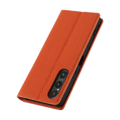 For Sony Xperia 1 V Litchi Texture Genuine Cow Leather Phone Case Stand Wallet Flip Cover with Strap