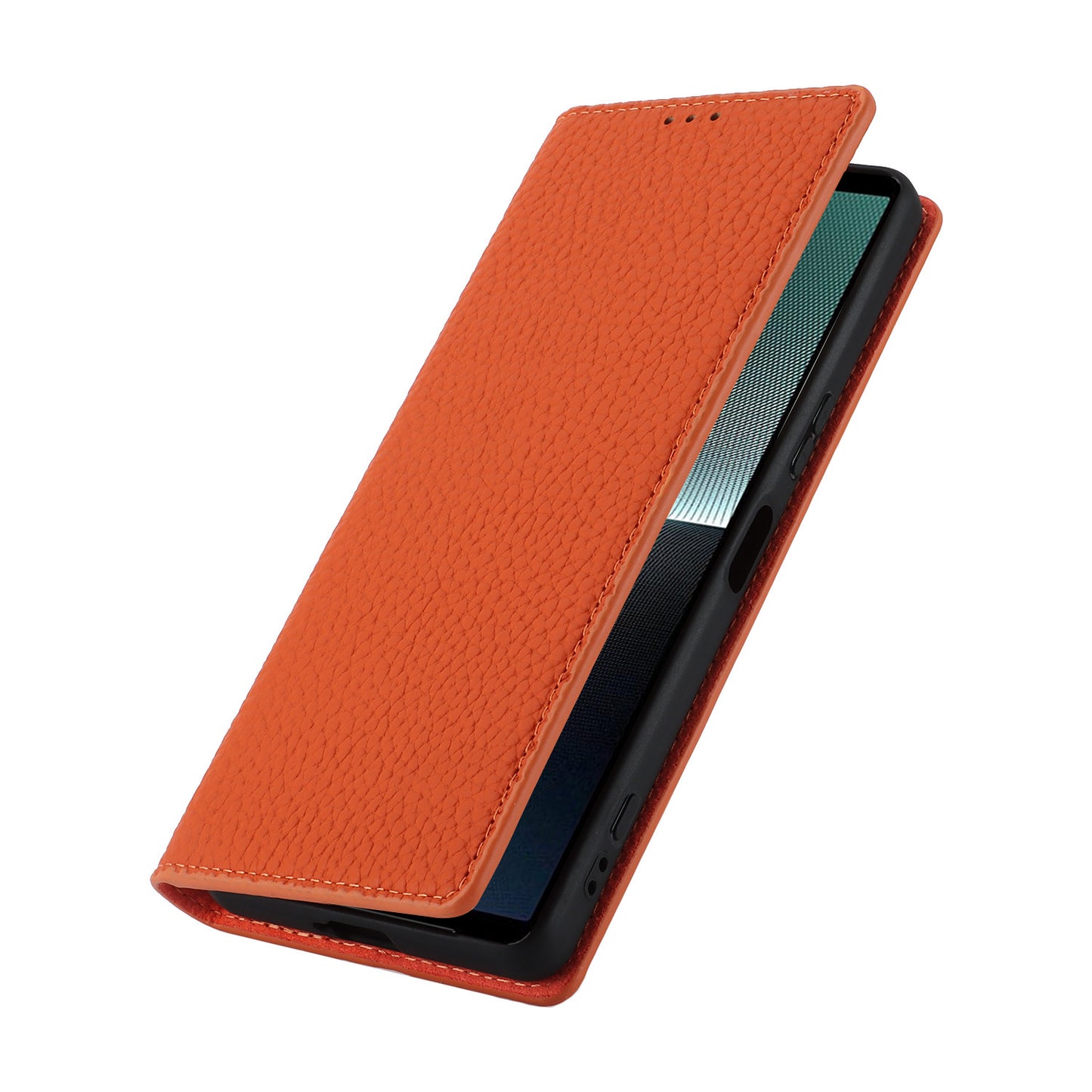 For Sony Xperia 1 V Litchi Texture Genuine Cow Leather Phone Case Stand Wallet Flip Cover with Strap