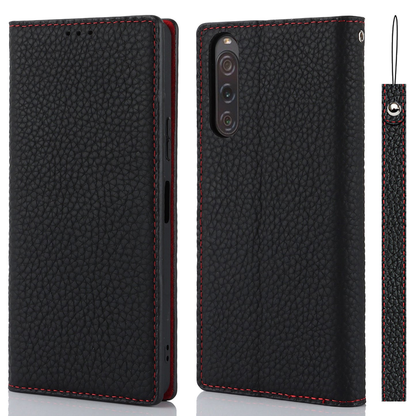 Flip Cover for Sony Xperia 10 V Litchi Texture Genuine Cow Leather Phone Case Stand Wallet with Strap