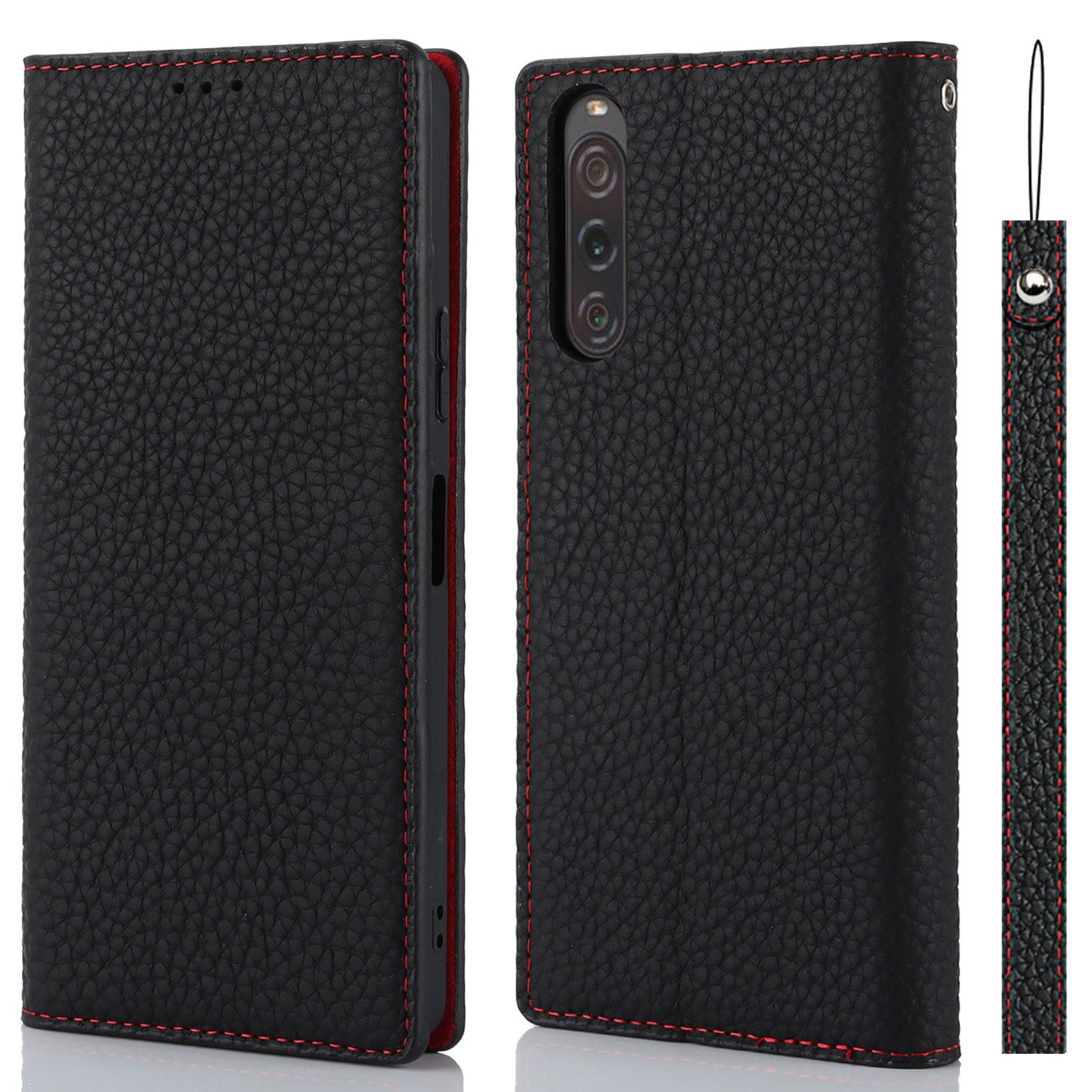 Flip Cover for Sony Xperia 10 V Litchi Texture Genuine Cow Leather Phone Case Stand Wallet with Strap