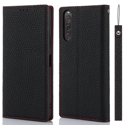 Flip Cover for Sony Xperia 10 V Litchi Texture Genuine Cow Leather Phone Case Stand Wallet with Strap