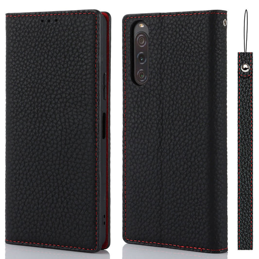 Flip Cover for Sony Xperia 10 V Litchi Texture Genuine Cow Leather Phone Case Stand Wallet with Strap
