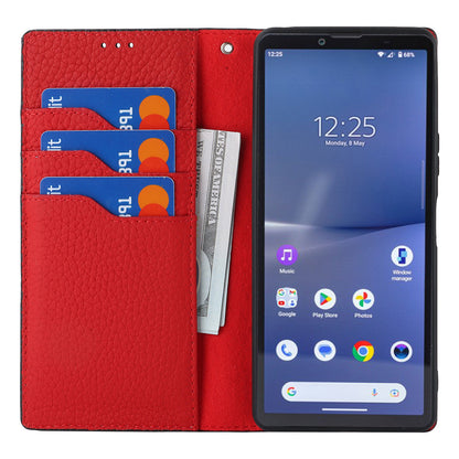 Flip Cover for Sony Xperia 10 V Litchi Texture Genuine Cow Leather Phone Case Stand Wallet with Strap