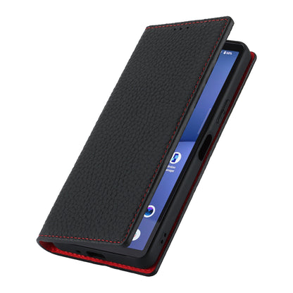 Flip Cover for Sony Xperia 10 V Litchi Texture Genuine Cow Leather Phone Case Stand Wallet with Strap