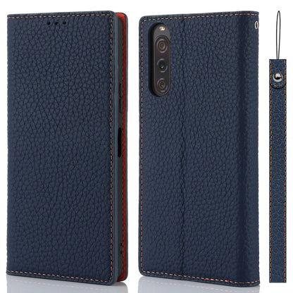 Flip Cover for Sony Xperia 10 V Litchi Texture Genuine Cow Leather Phone Case Stand Wallet with Strap