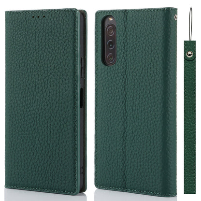 Flip Cover for Sony Xperia 10 V Litchi Texture Genuine Cow Leather Phone Case Stand Wallet with Strap