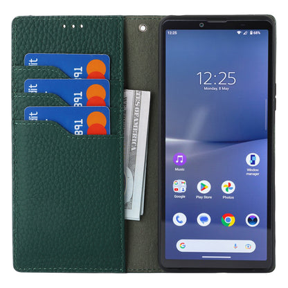 Flip Cover for Sony Xperia 10 V Litchi Texture Genuine Cow Leather Phone Case Stand Wallet with Strap