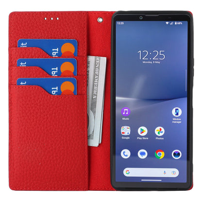 Flip Cover for Sony Xperia 10 V Litchi Texture Genuine Cow Leather Phone Case Stand Wallet with Strap