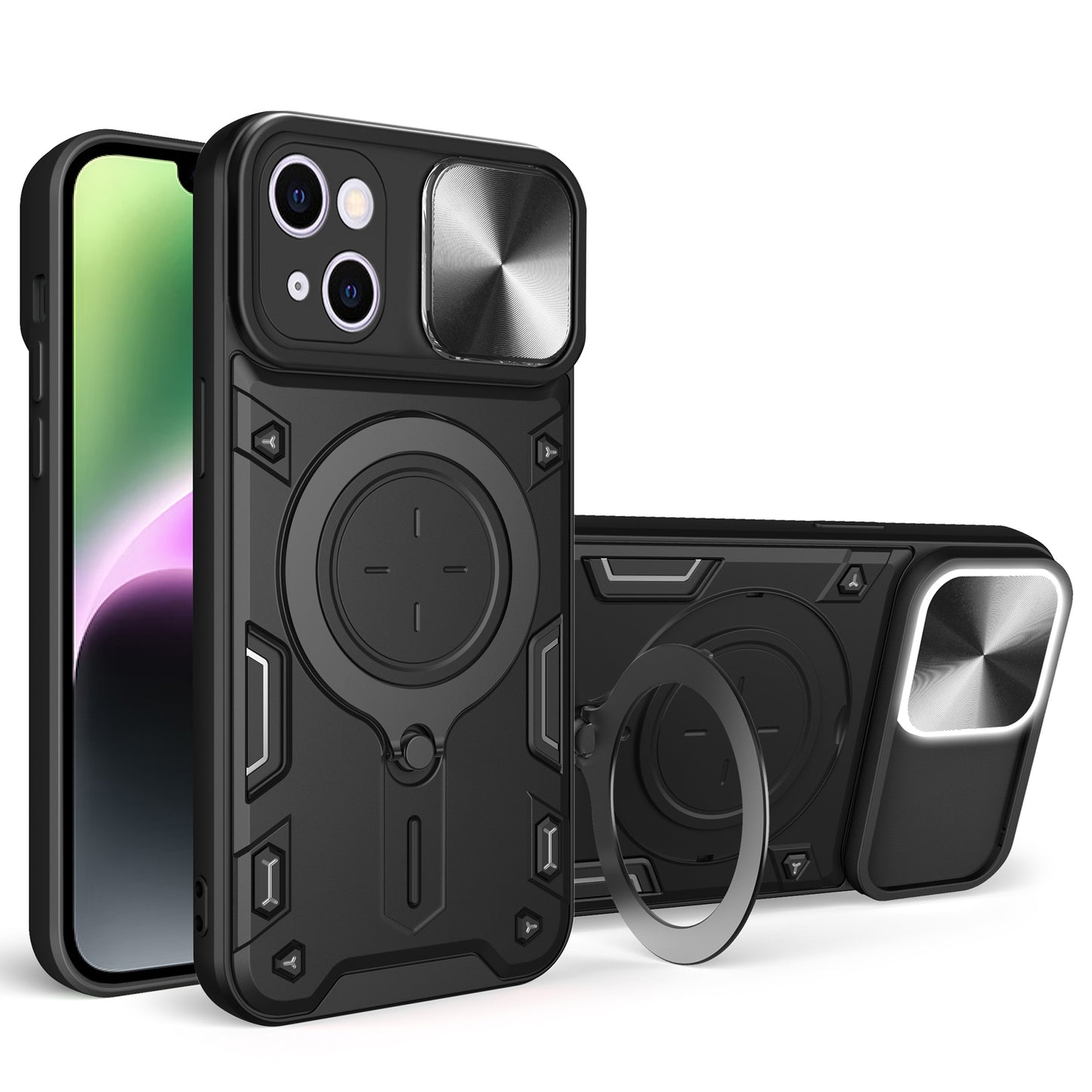 For iPhone 14 Slide Camera Lid Back Cover PC+TPU Phone Case with Rotatable Kickstand