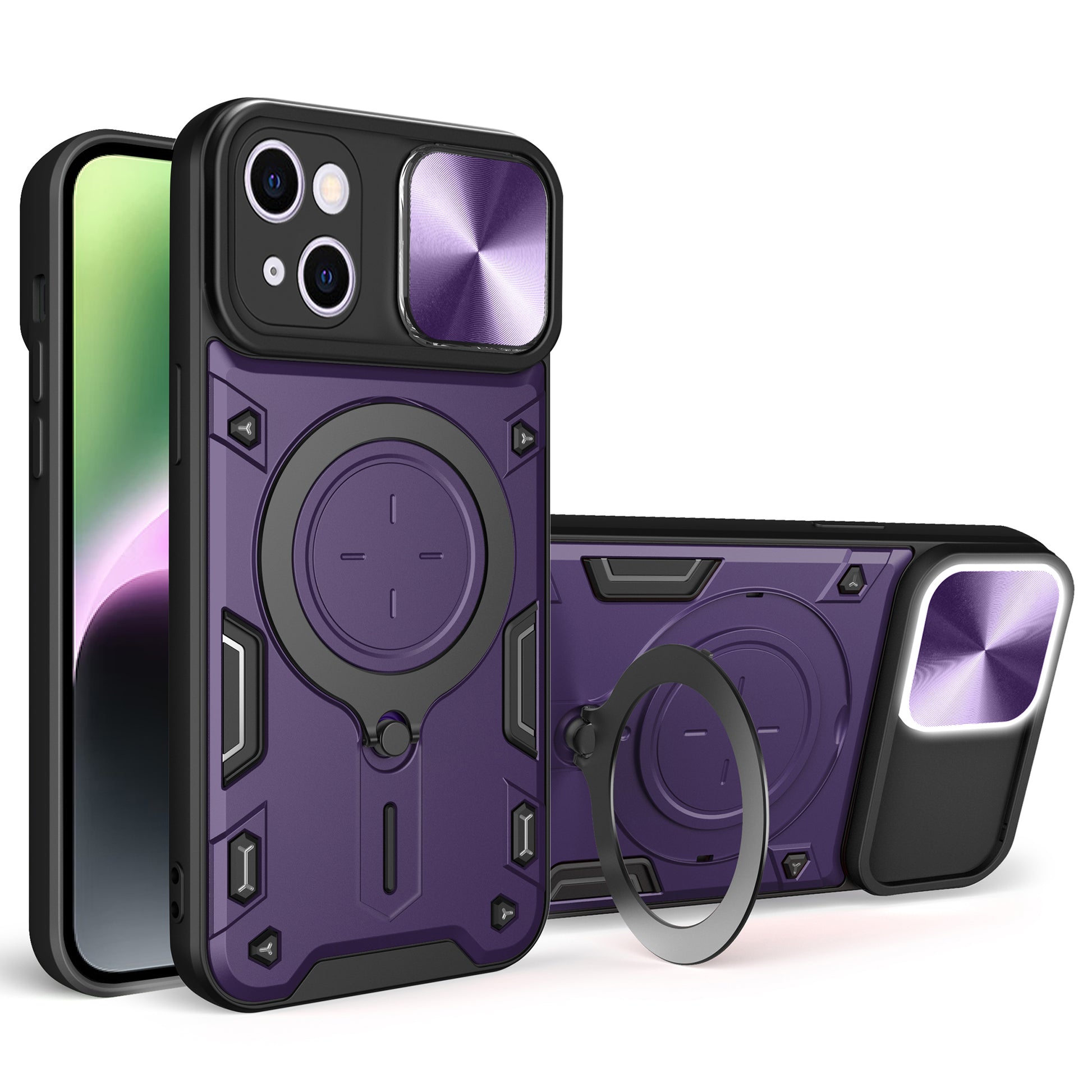 For iPhone 14 Slide Camera Lid Back Cover PC+TPU Phone Case with Rotatable Kickstand