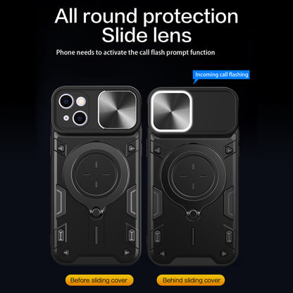 For iPhone 14 Slide Camera Lid Back Cover PC+TPU Phone Case with Rotatable Kickstand