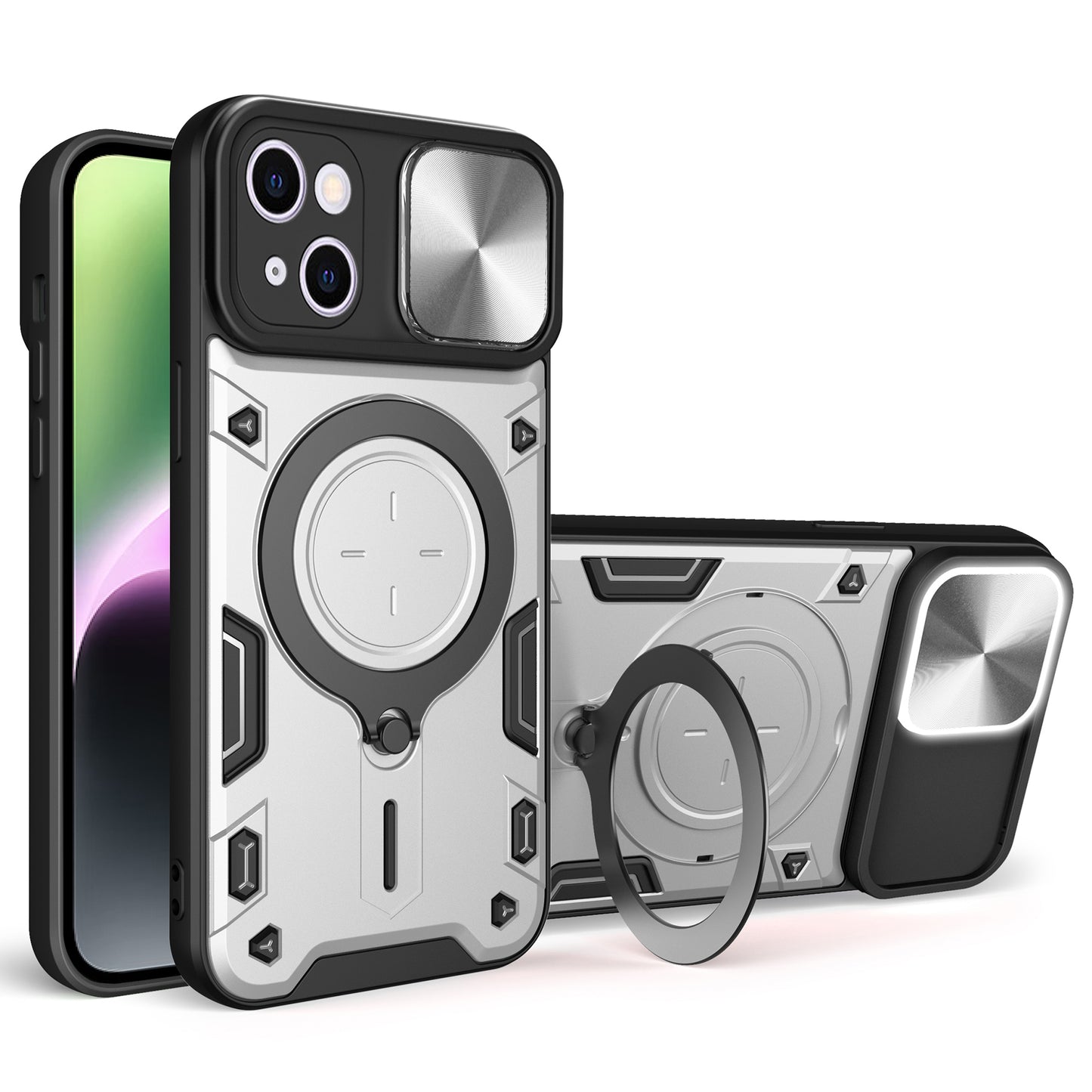 For iPhone 14 Slide Camera Lid Back Cover PC+TPU Phone Case with Rotatable Kickstand
