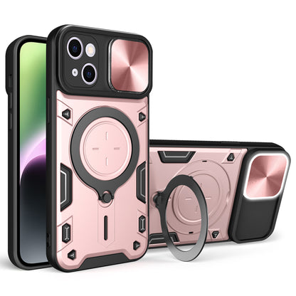 For iPhone 14 Slide Camera Lid Back Cover PC+TPU Phone Case with Rotatable Kickstand