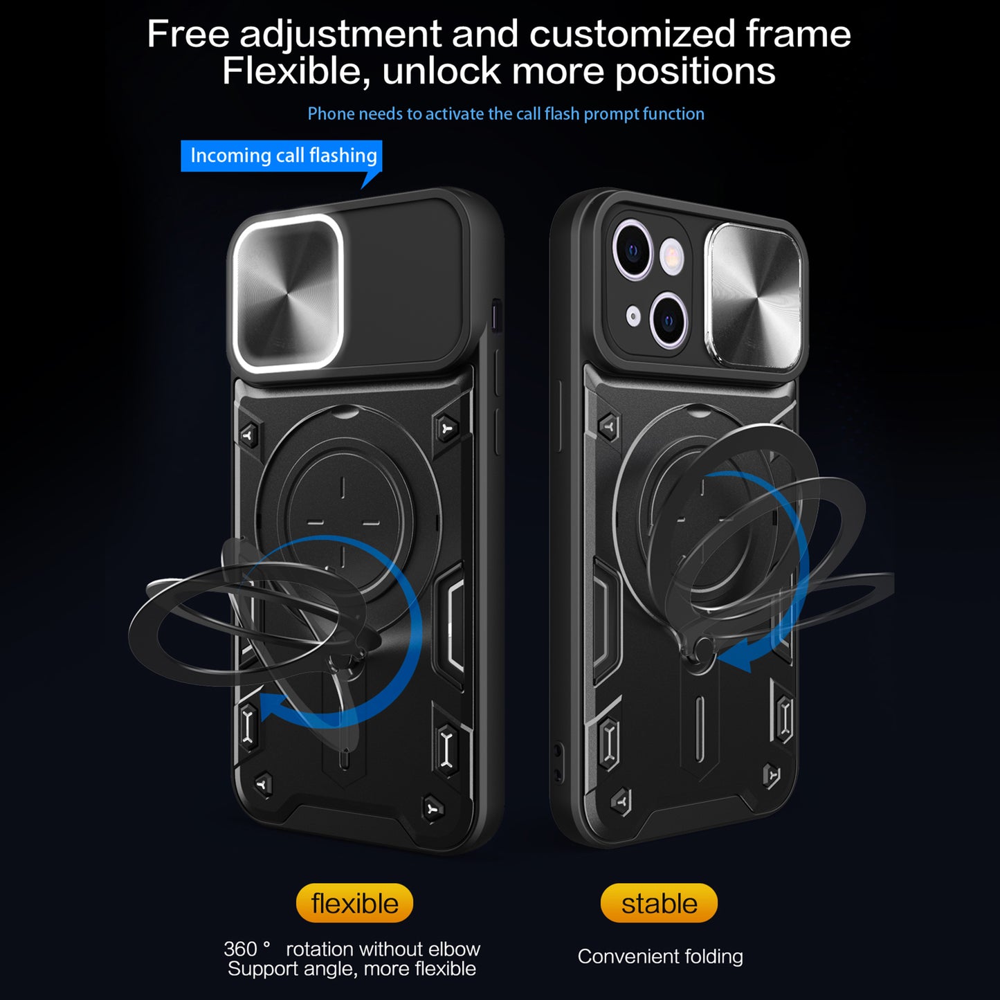 For iPhone 14 Slide Camera Lid Back Cover PC+TPU Phone Case with Rotatable Kickstand