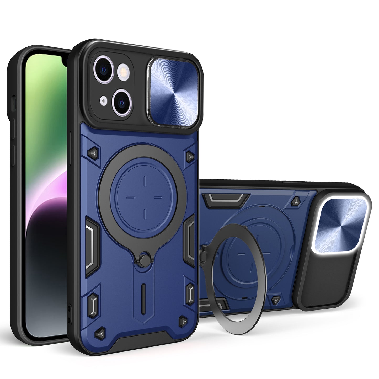 For iPhone 14 Slide Camera Lid Back Cover PC+TPU Phone Case with Rotatable Kickstand