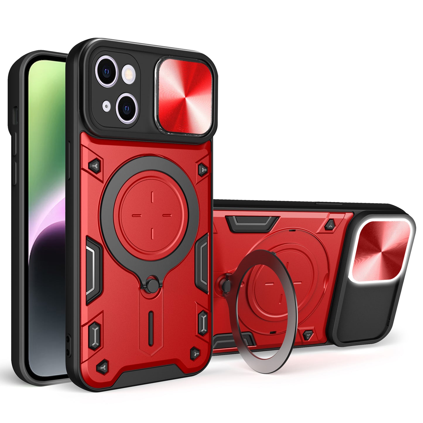 For iPhone 14 Slide Camera Lid Back Cover PC+TPU Phone Case with Rotatable Kickstand