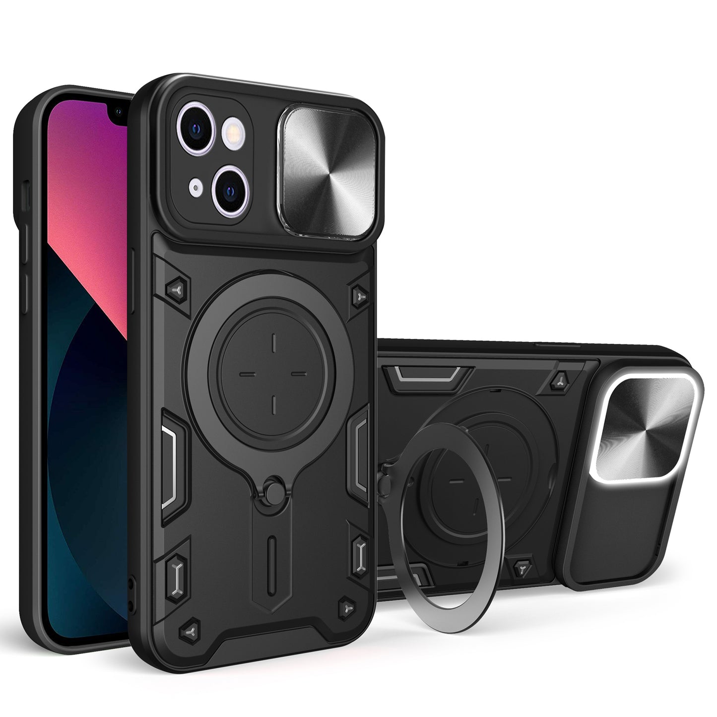 For iPhone 13 6.1 inch Slide Camera Guard Phone Case PC+TPU Drop-proof Cover with Rotating Kickstand