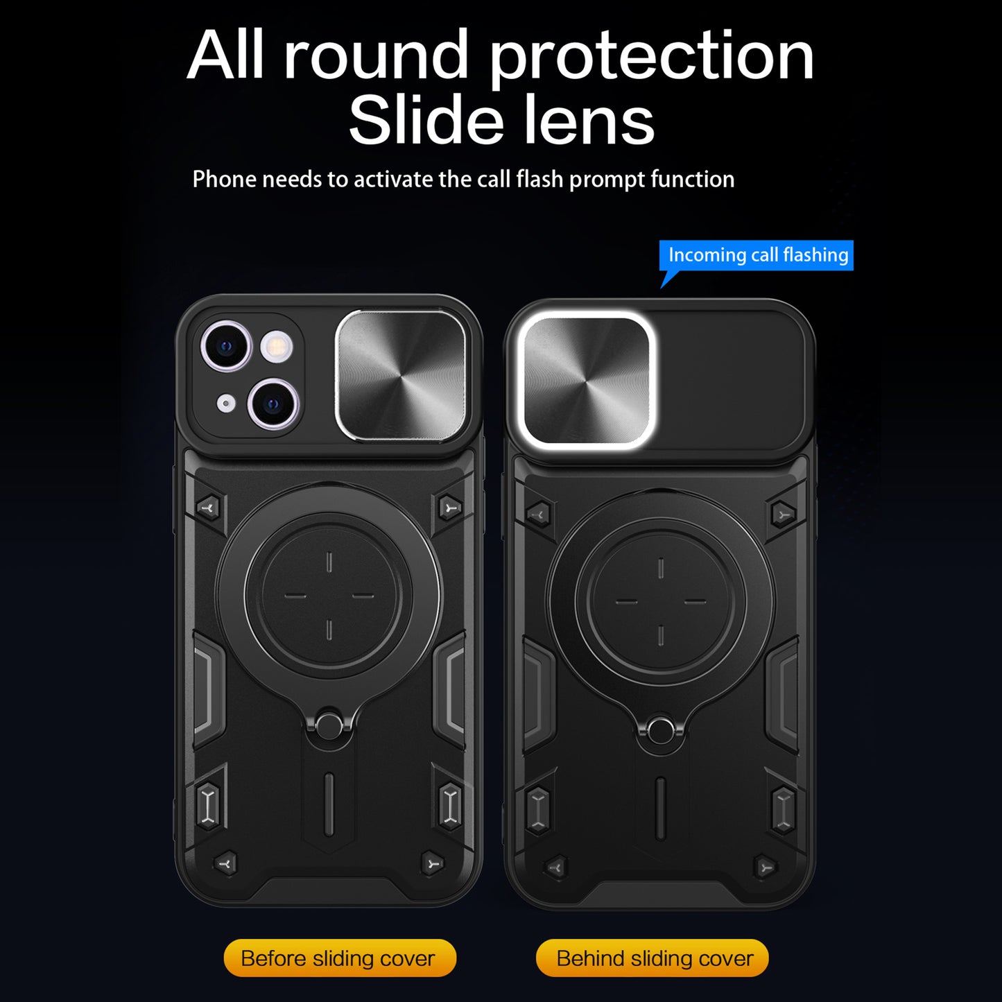 For iPhone 13 6.1 inch Slide Camera Guard Phone Case PC+TPU Drop-proof Cover with Rotating Kickstand