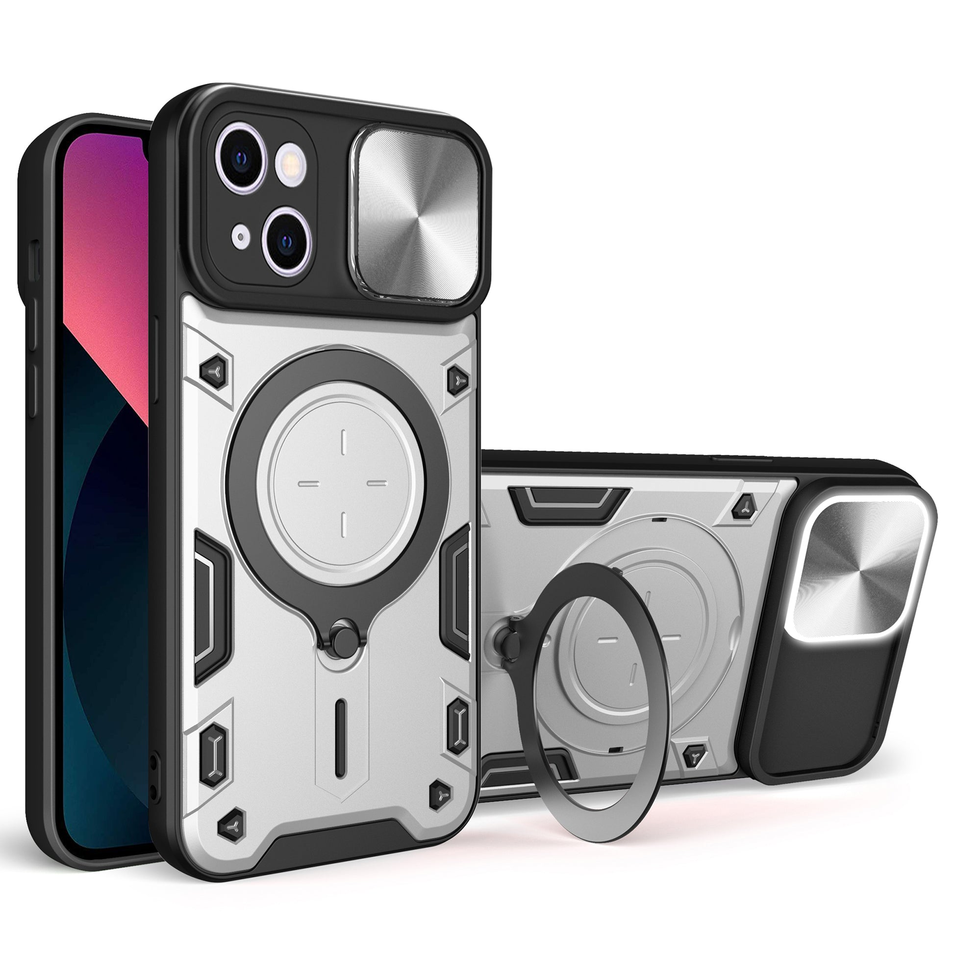 For iPhone 13 6.1 inch Slide Camera Guard Phone Case PC+TPU Drop-proof Cover with Rotating Kickstand