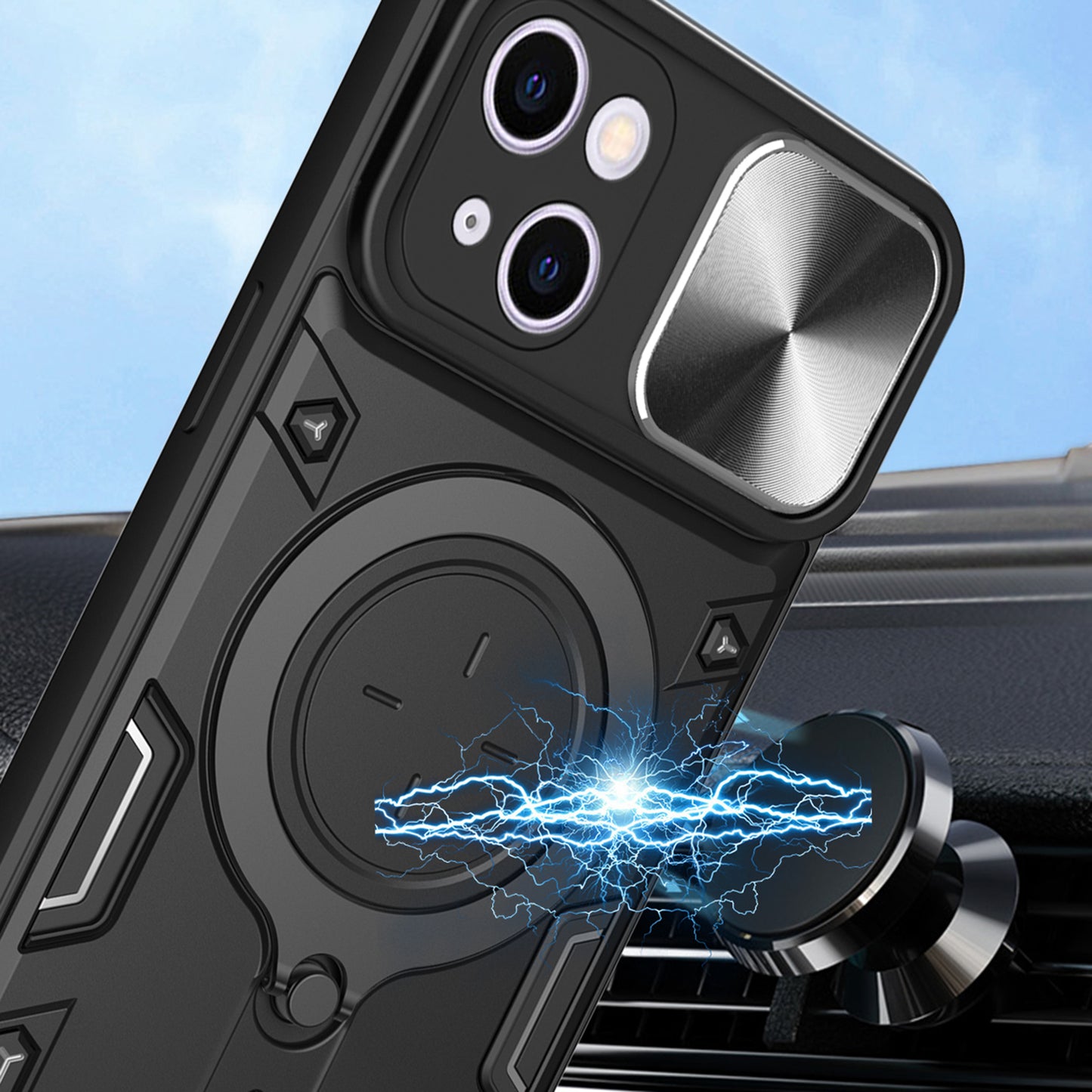 For iPhone 13 6.1 inch Slide Camera Guard Phone Case PC+TPU Drop-proof Cover with Rotating Kickstand