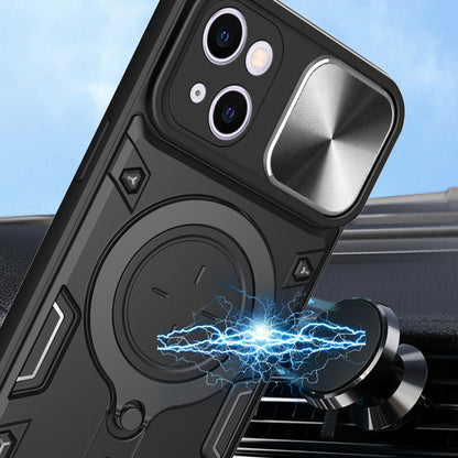 For iPhone 13 6.1 inch Slide Camera Guard Phone Case PC+TPU Drop-proof Cover with Rotating Kickstand