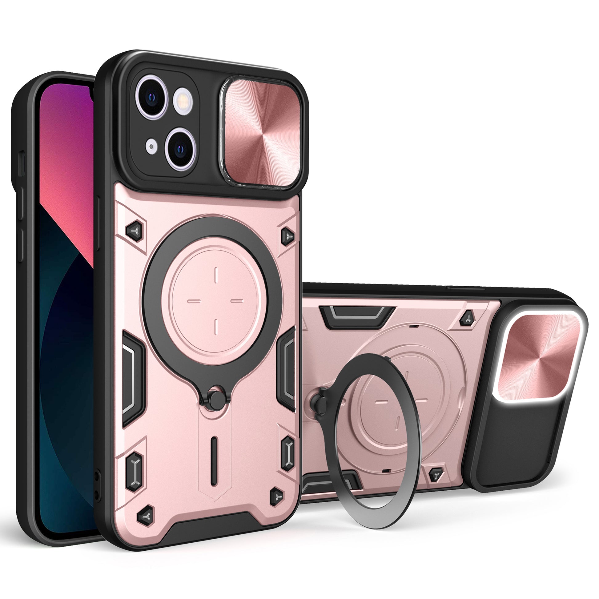 For iPhone 13 6.1 inch Slide Camera Guard Phone Case PC+TPU Drop-proof Cover with Rotating Kickstand