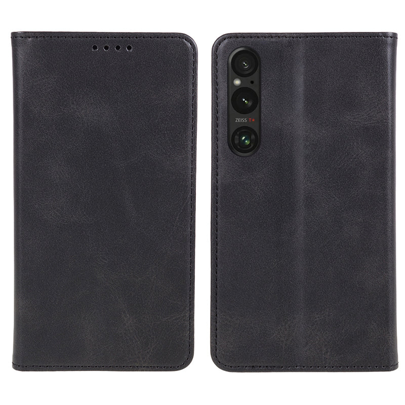 For Sony Xperia 1 V Calf Texture PU Leather Case Wallet Slim-Fit Business Style Phone Stand Cover