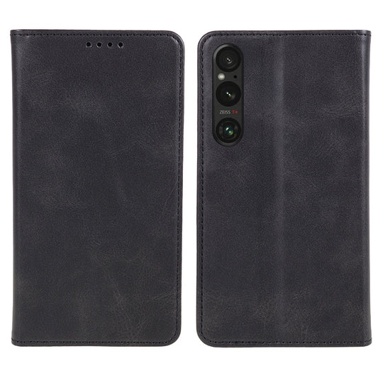 For Sony Xperia 1 V Calf Texture PU Leather Case Wallet Slim-Fit Business Style Phone Stand Cover