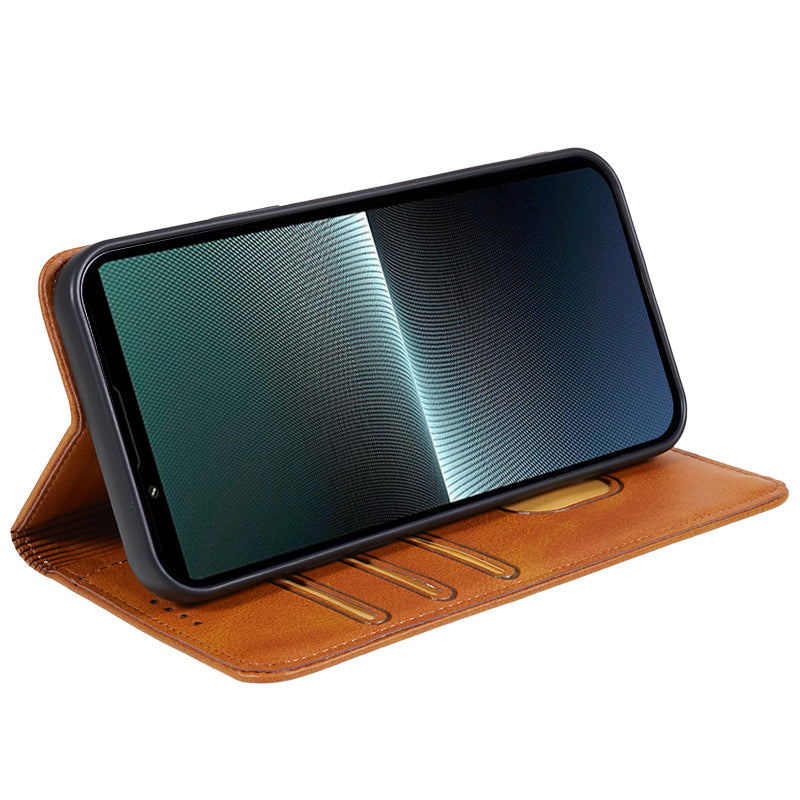 For Sony Xperia 1 V Calf Texture PU Leather Case Wallet Slim-Fit Business Style Phone Stand Cover