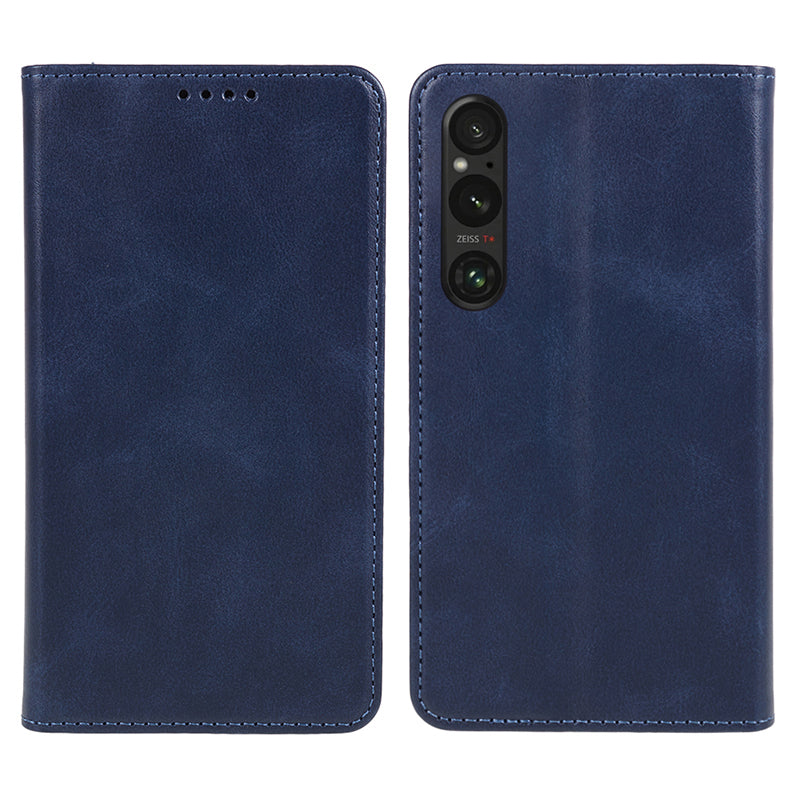 For Sony Xperia 1 V Calf Texture PU Leather Case Wallet Slim-Fit Business Style Phone Stand Cover