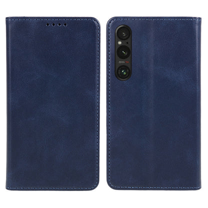 For Sony Xperia 1 V Calf Texture PU Leather Case Wallet Slim-Fit Business Style Phone Stand Cover