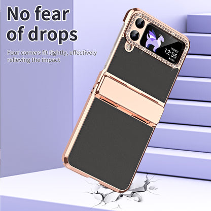 For Samsung Galaxy Z Flip4 5G Hinge Protection Phone Case PU Leather+PC Electroplating Cover