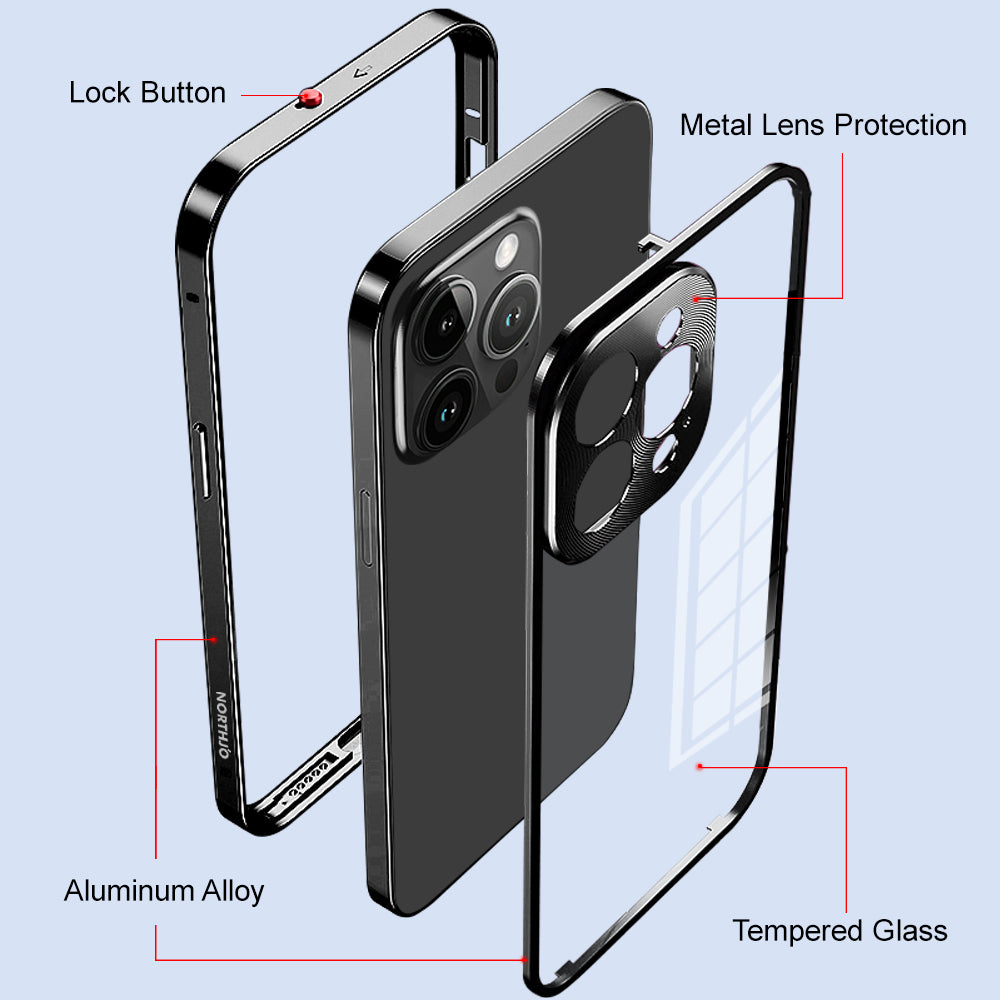 NORTHJO For iPhone 14 Pro Max Aluminum Alloy Frame+Tempered Glass Back Cover Buckle Installation Protective Phone Case