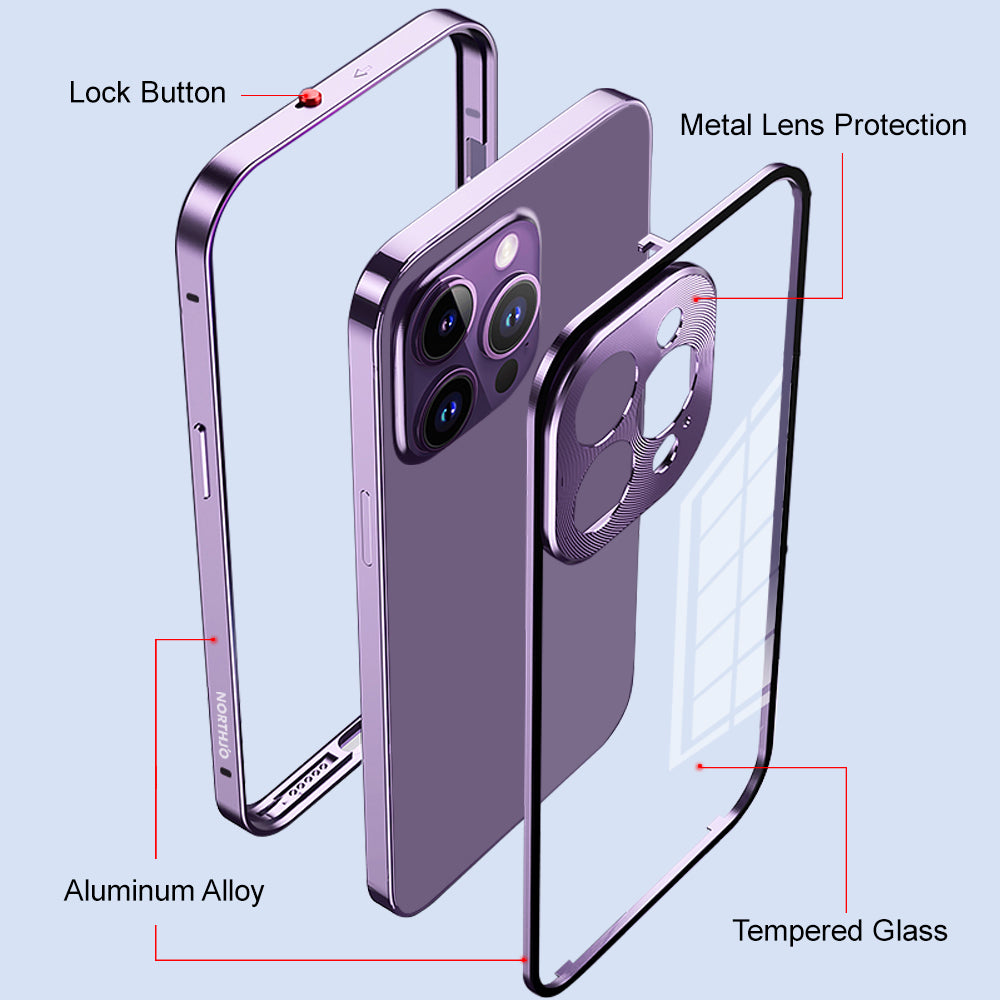 NORTHJO For iPhone 14 Pro Max Aluminum Alloy Frame+Tempered Glass Back Cover Buckle Installation Protective Phone Case