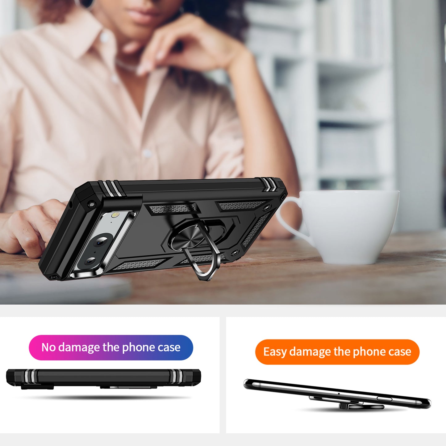 For Google Pixel 8 Ring Kickstand Phone Case PC+TPU Cover with Built-in Magnetic Holder Metal Sheet