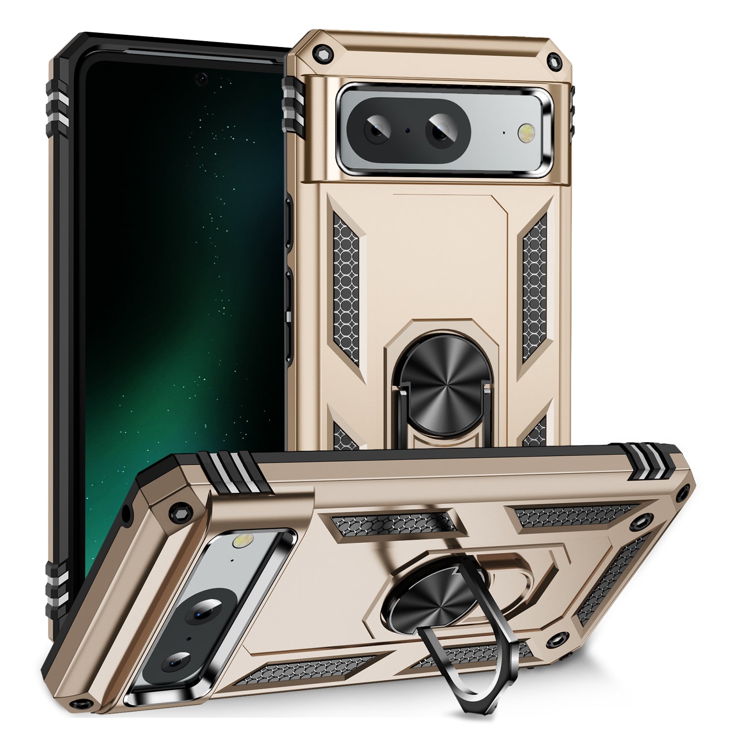 For Google Pixel 8 Ring Kickstand Phone Case PC+TPU Cover with Built-in Magnetic Holder Metal Sheet