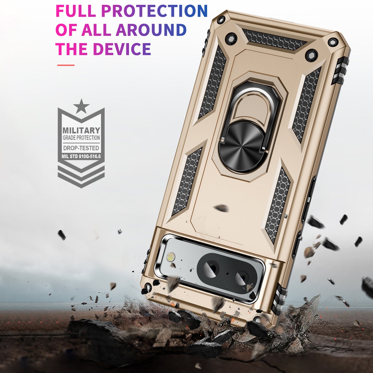 For Google Pixel 8 Ring Kickstand Phone Case PC+TPU Cover with Built-in Magnetic Holder Metal Sheet