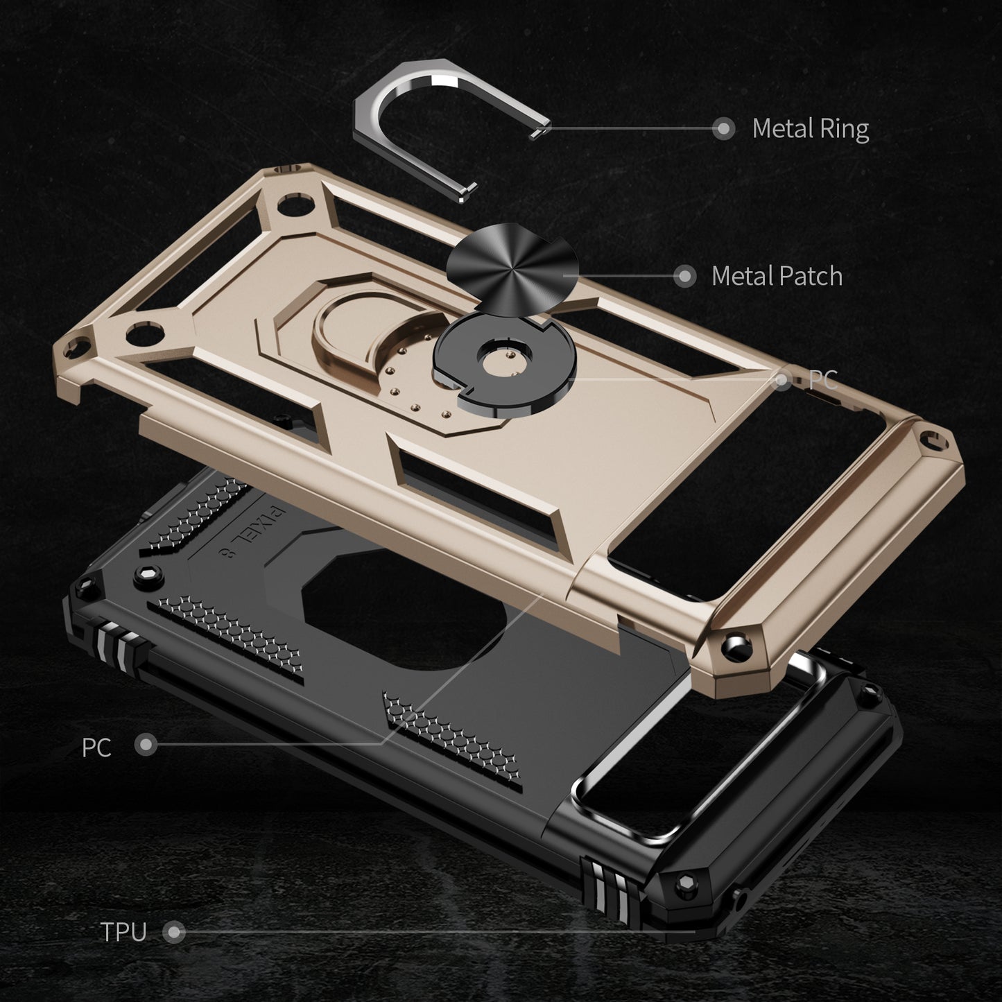 For Google Pixel 8 Ring Kickstand Phone Case PC+TPU Cover with Built-in Magnetic Holder Metal Sheet