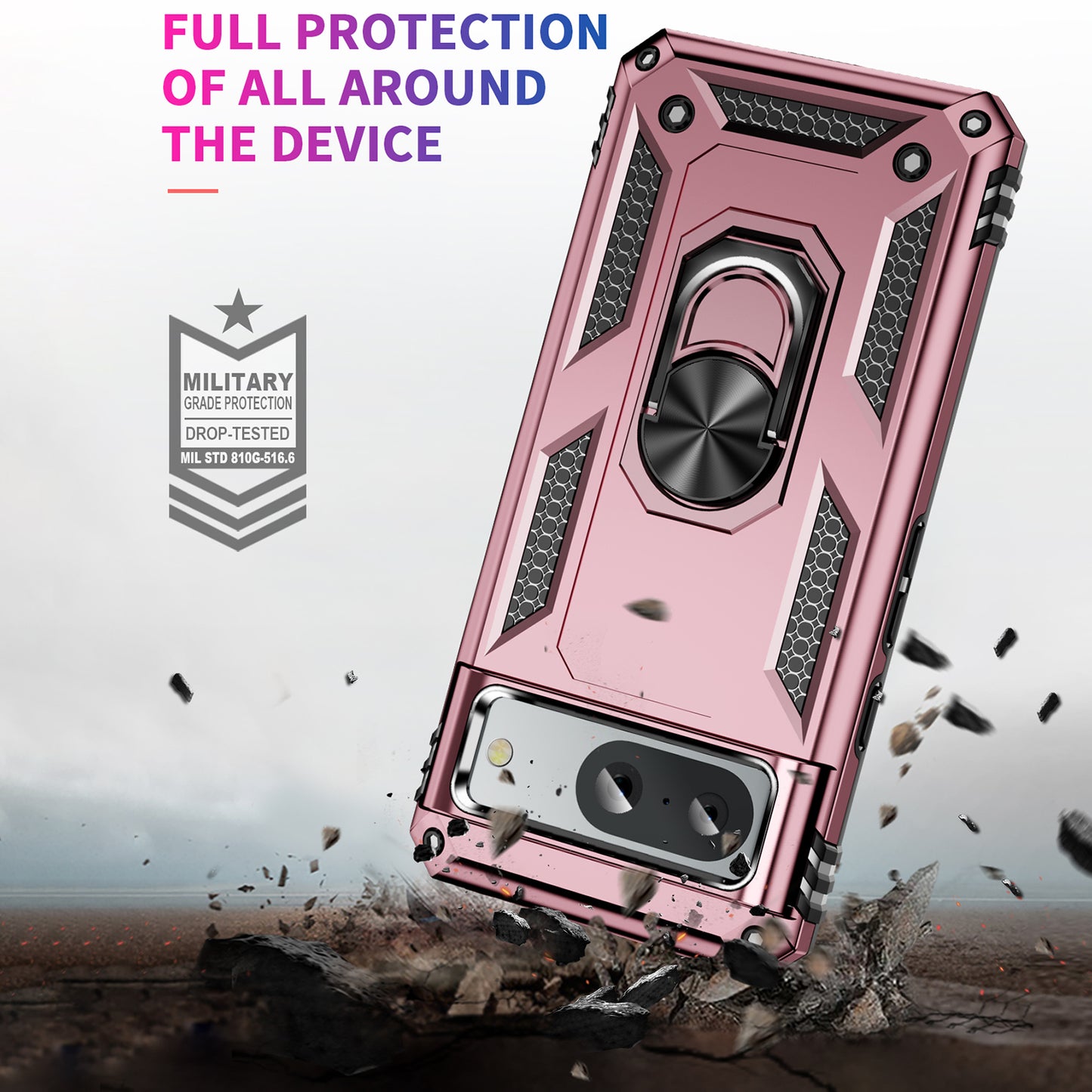 For Google Pixel 8 Ring Kickstand Phone Case PC+TPU Cover with Built-in Magnetic Holder Metal Sheet