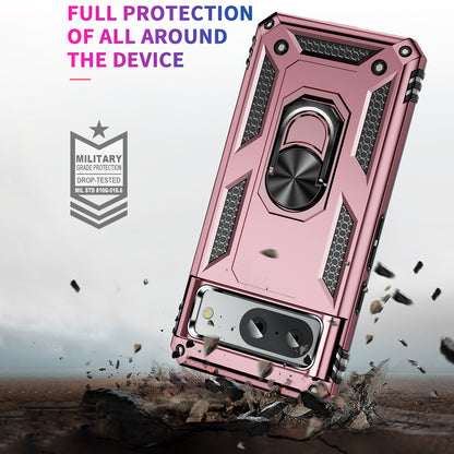 For Google Pixel 8 Ring Kickstand Phone Case PC+TPU Cover with Built-in Magnetic Holder Metal Sheet