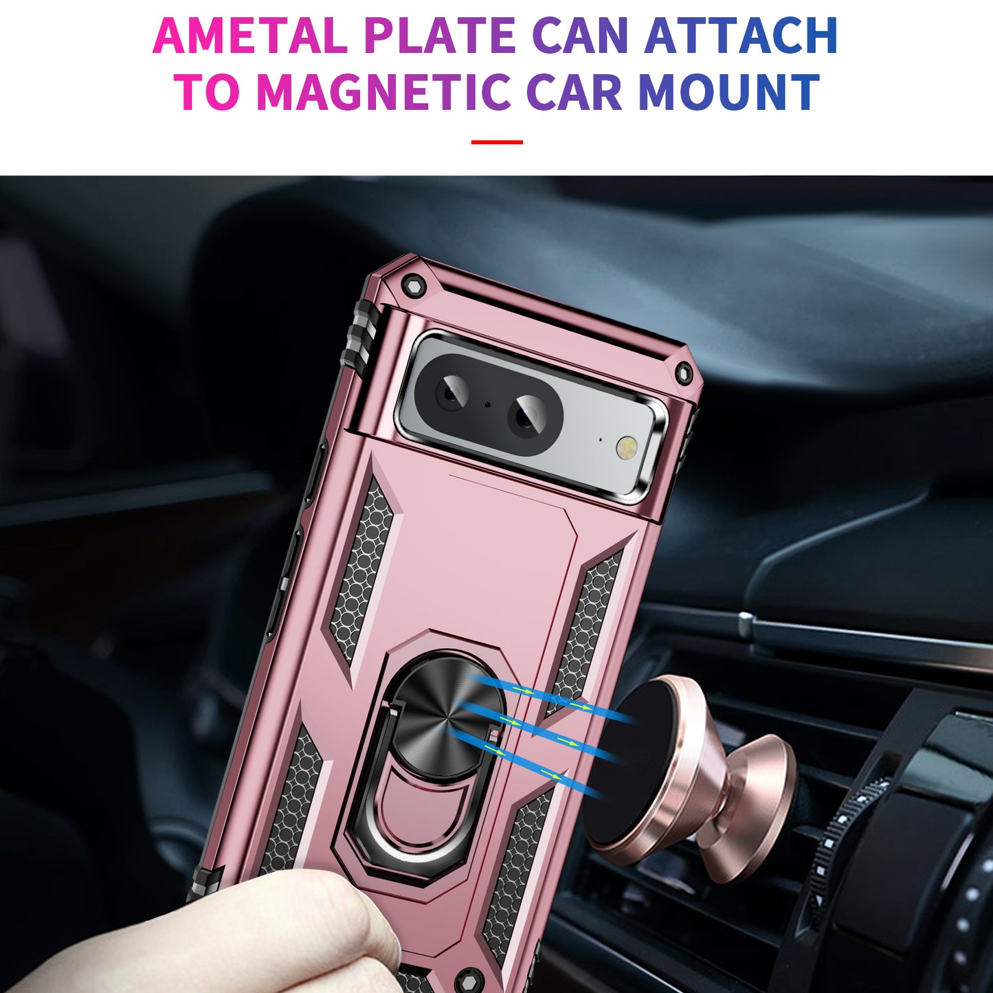 For Google Pixel 8 Ring Kickstand Phone Case PC+TPU Cover with Built-in Magnetic Holder Metal Sheet