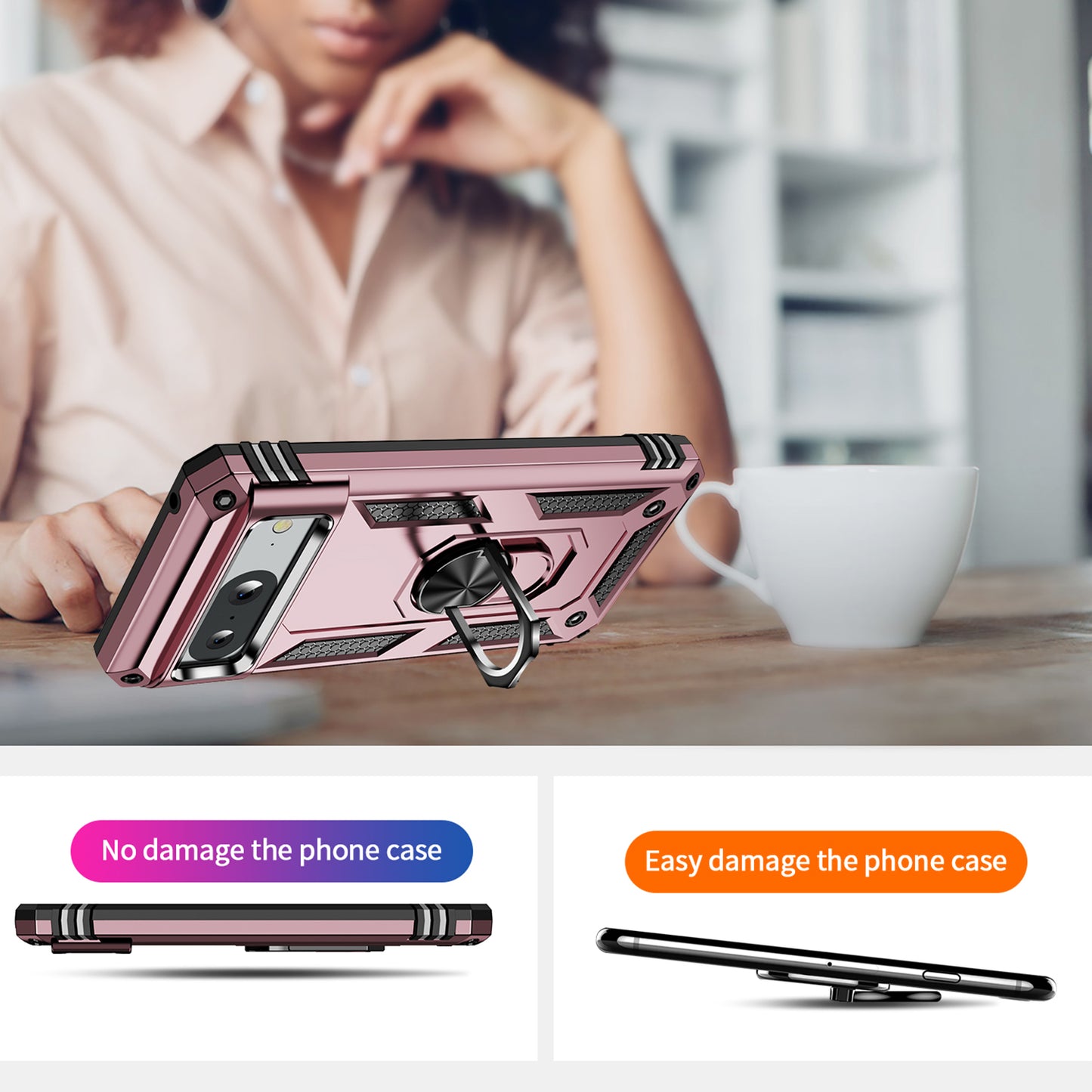 For Google Pixel 8 Ring Kickstand Phone Case PC+TPU Cover with Built-in Magnetic Holder Metal Sheet