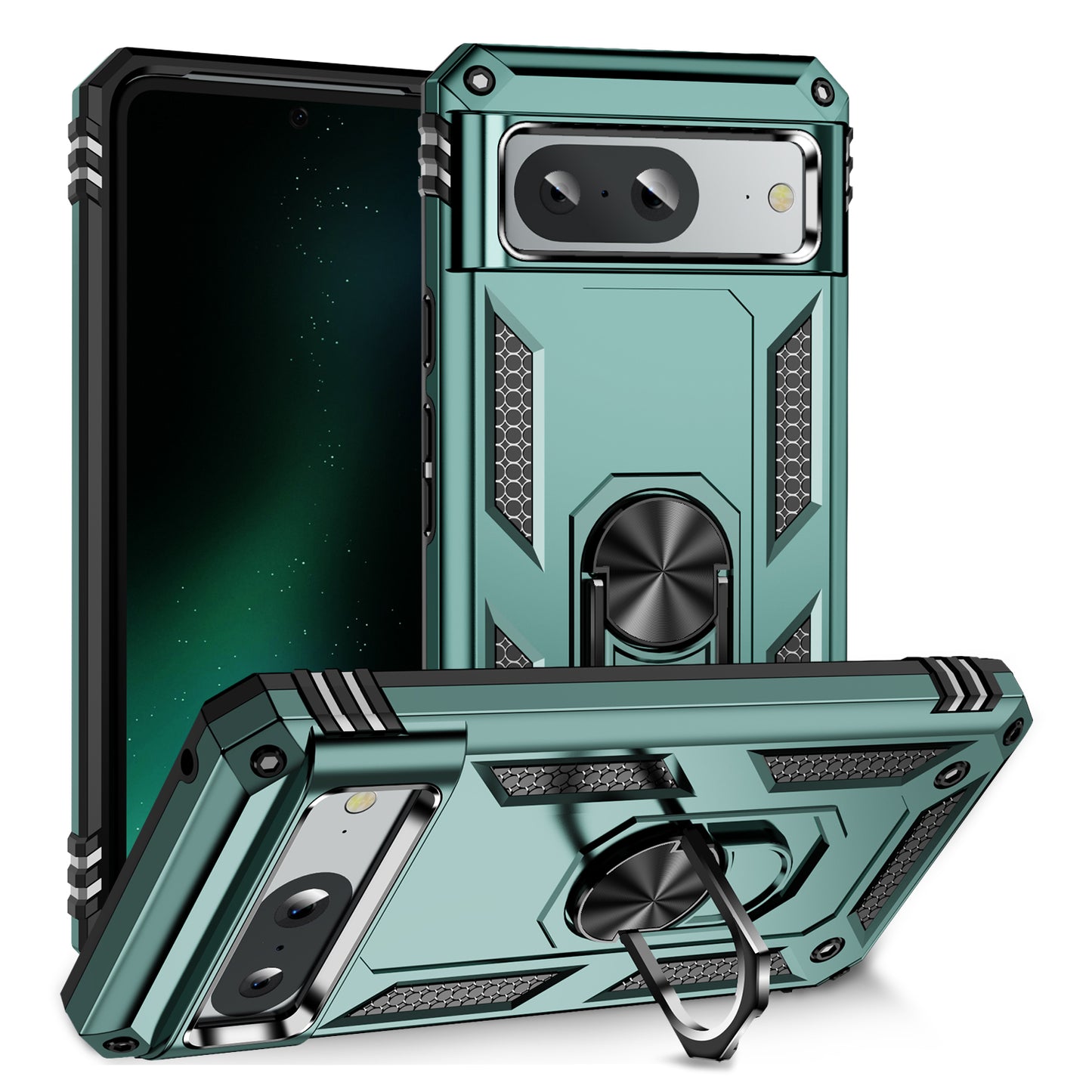 For Google Pixel 8 Ring Kickstand Phone Case PC+TPU Cover with Built-in Magnetic Holder Metal Sheet