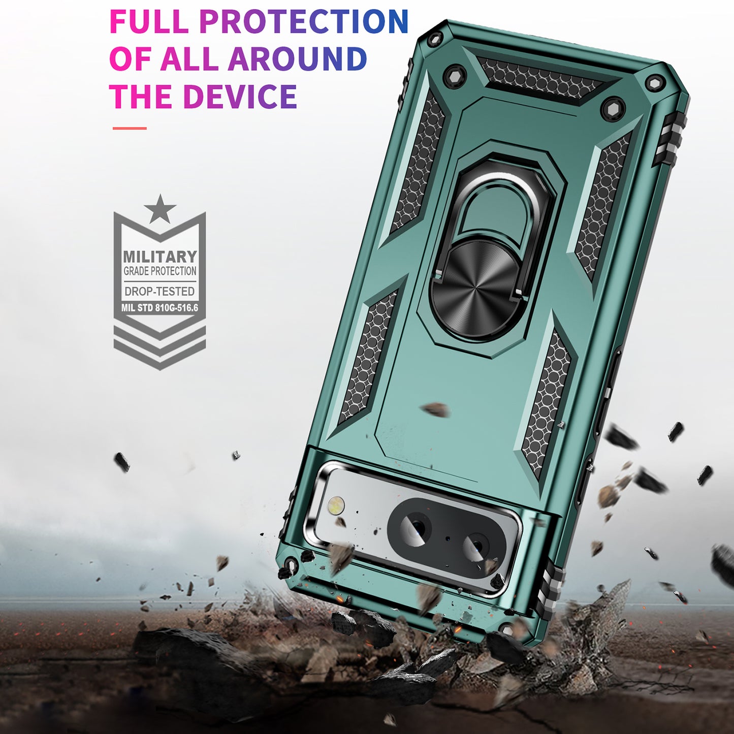 For Google Pixel 8 Ring Kickstand Phone Case PC+TPU Cover with Built-in Magnetic Holder Metal Sheet