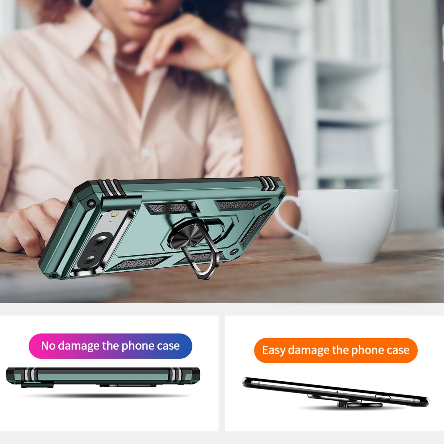 For Google Pixel 8 Ring Kickstand Phone Case PC+TPU Cover with Built-in Magnetic Holder Metal Sheet