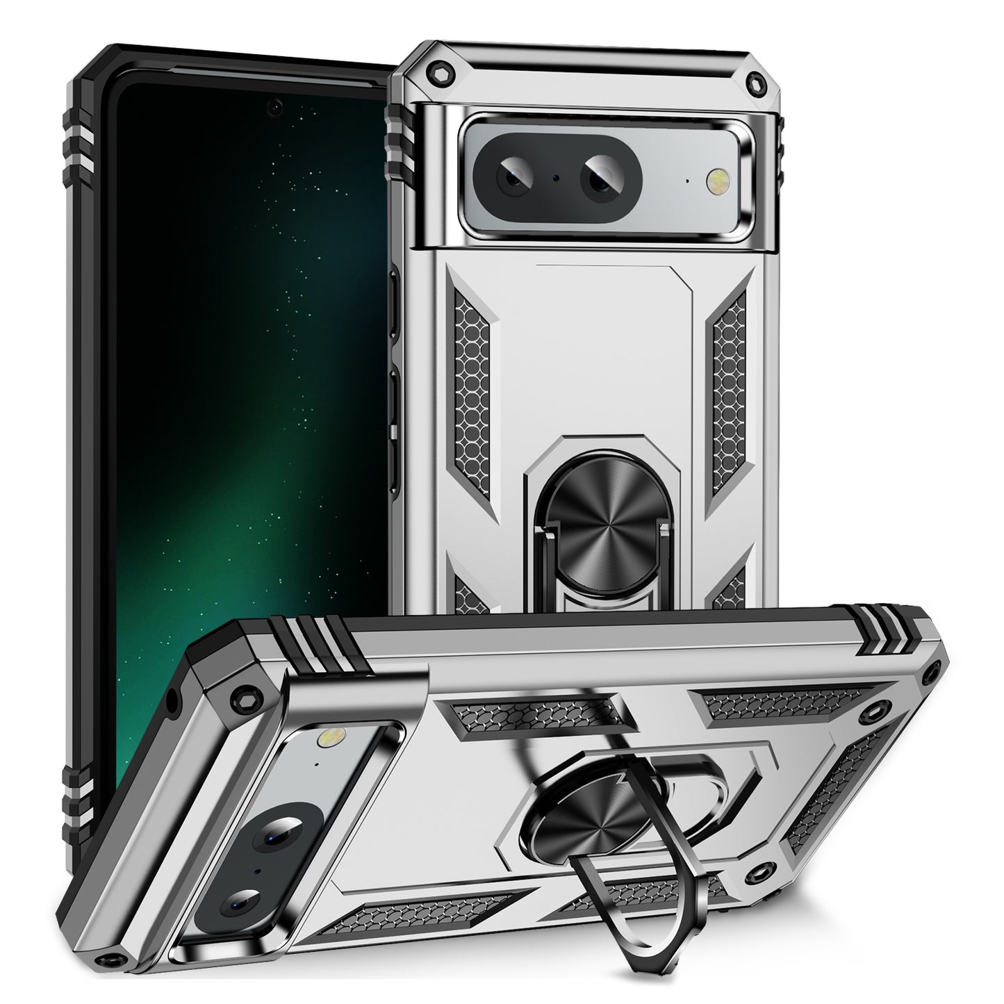 For Google Pixel 8 Ring Kickstand Phone Case PC+TPU Cover with Built-in Magnetic Holder Metal Sheet