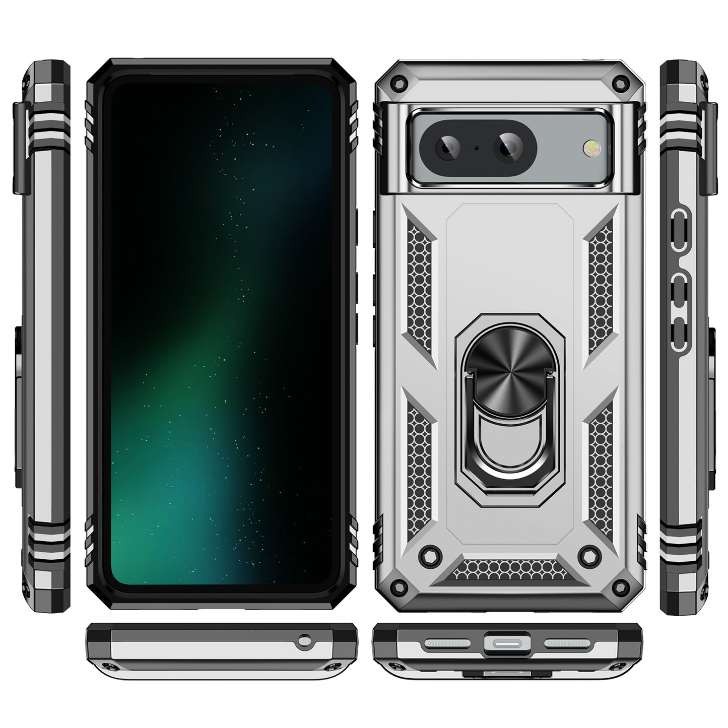 For Google Pixel 8 Ring Kickstand Phone Case PC+TPU Cover with Built-in Magnetic Holder Metal Sheet