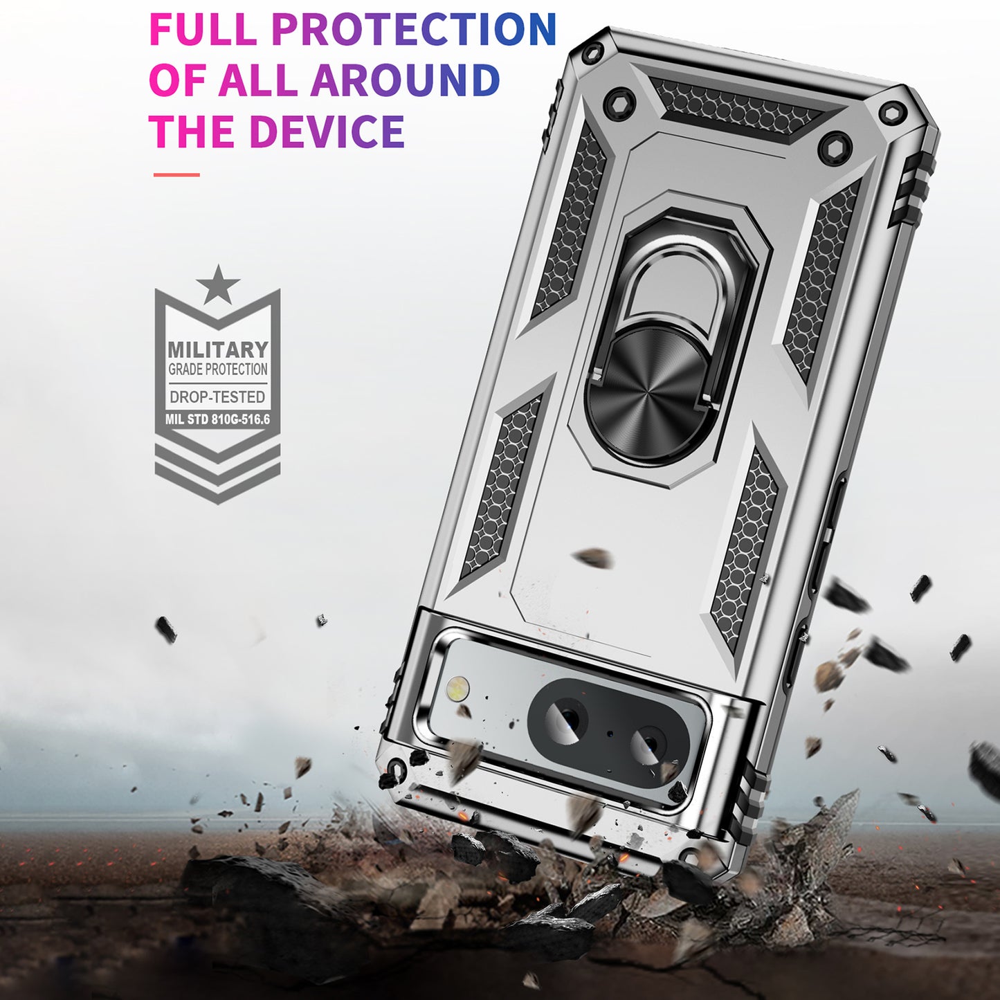 For Google Pixel 8 Ring Kickstand Phone Case PC+TPU Cover with Built-in Magnetic Holder Metal Sheet