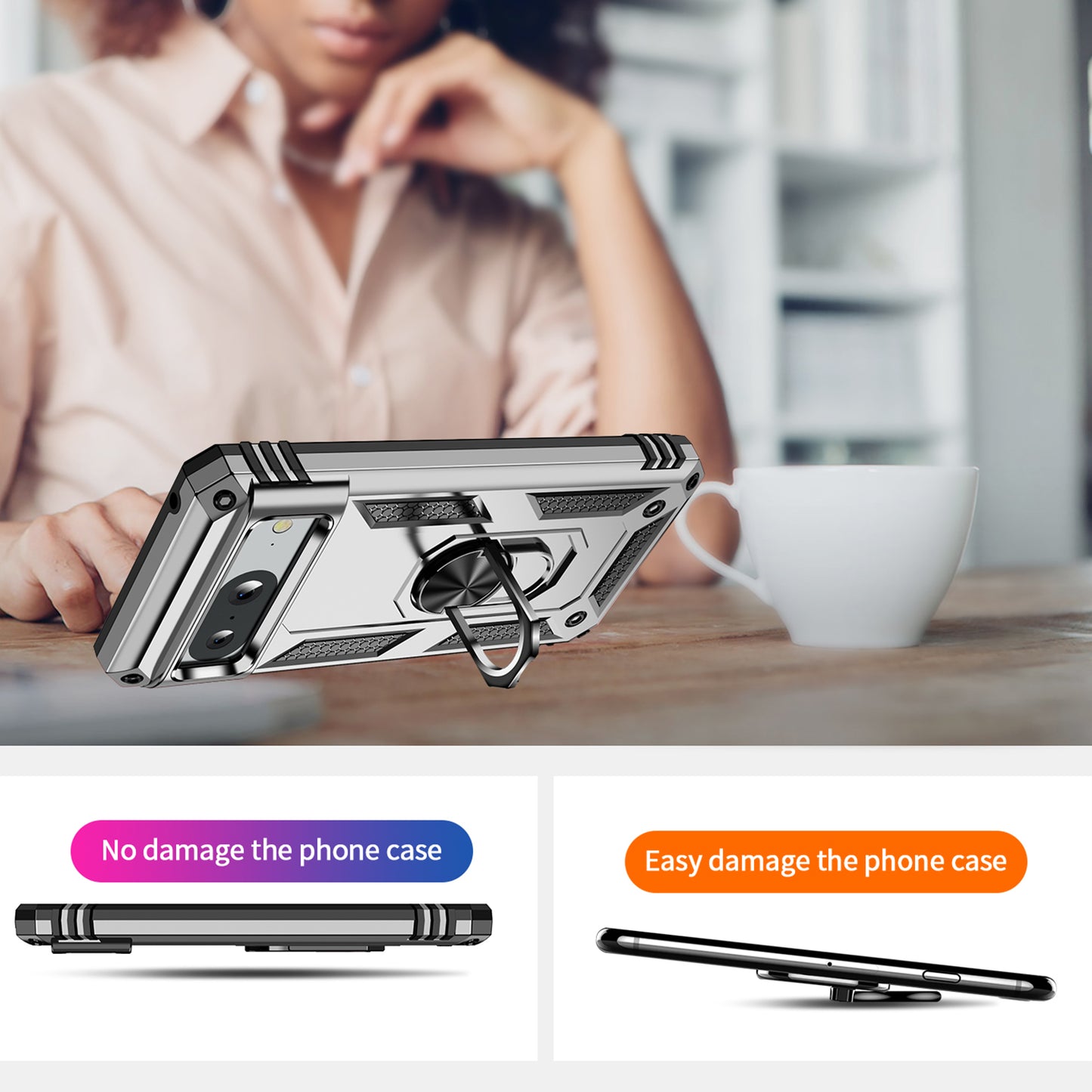 For Google Pixel 8 Ring Kickstand Phone Case PC+TPU Cover with Built-in Magnetic Holder Metal Sheet