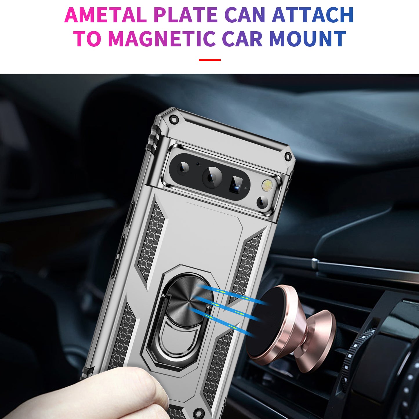 For Google Pixel 8 Pro PC+TPU Kickstand Phone Case Magnetic Car Mount Holder Phone Cover